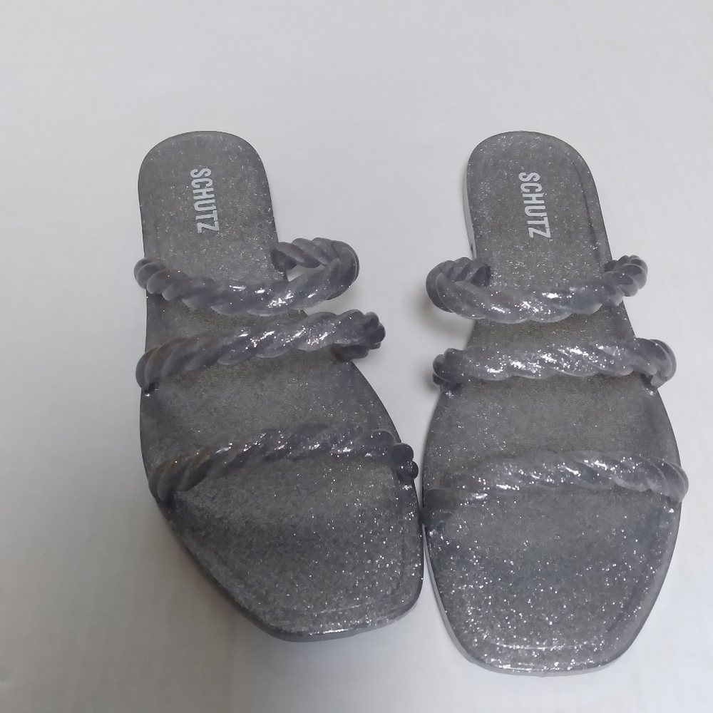 Schutz Silver Metallic Glitter Jelly Gladiator Flat Slide On  Sandals Size 9 - Picture 7 of 9